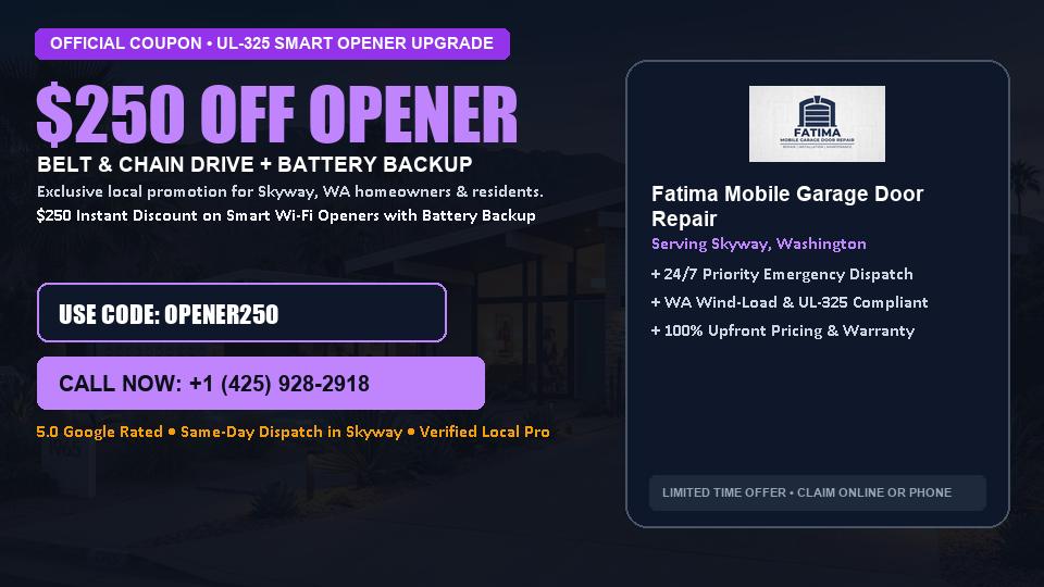 $250 OFF Smart Wi-Fi Garage Door Opener Installation in Skyway, WA - Fatima Mobile Garage Door Repair