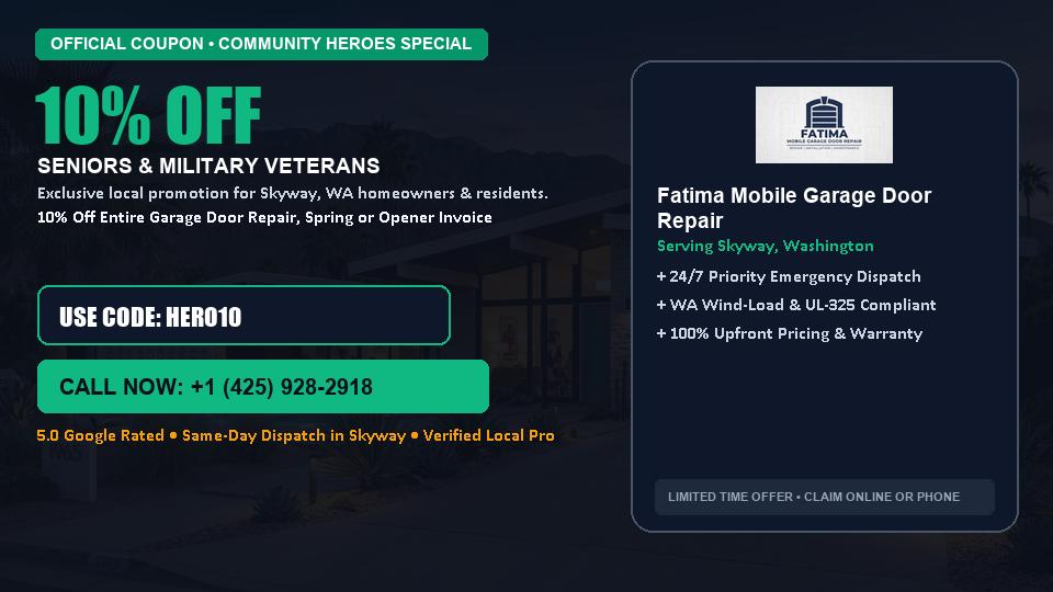 10% OFF Senior, Military & First Responder Discount in Skyway, WA - Fatima Mobile Garage Door Repair